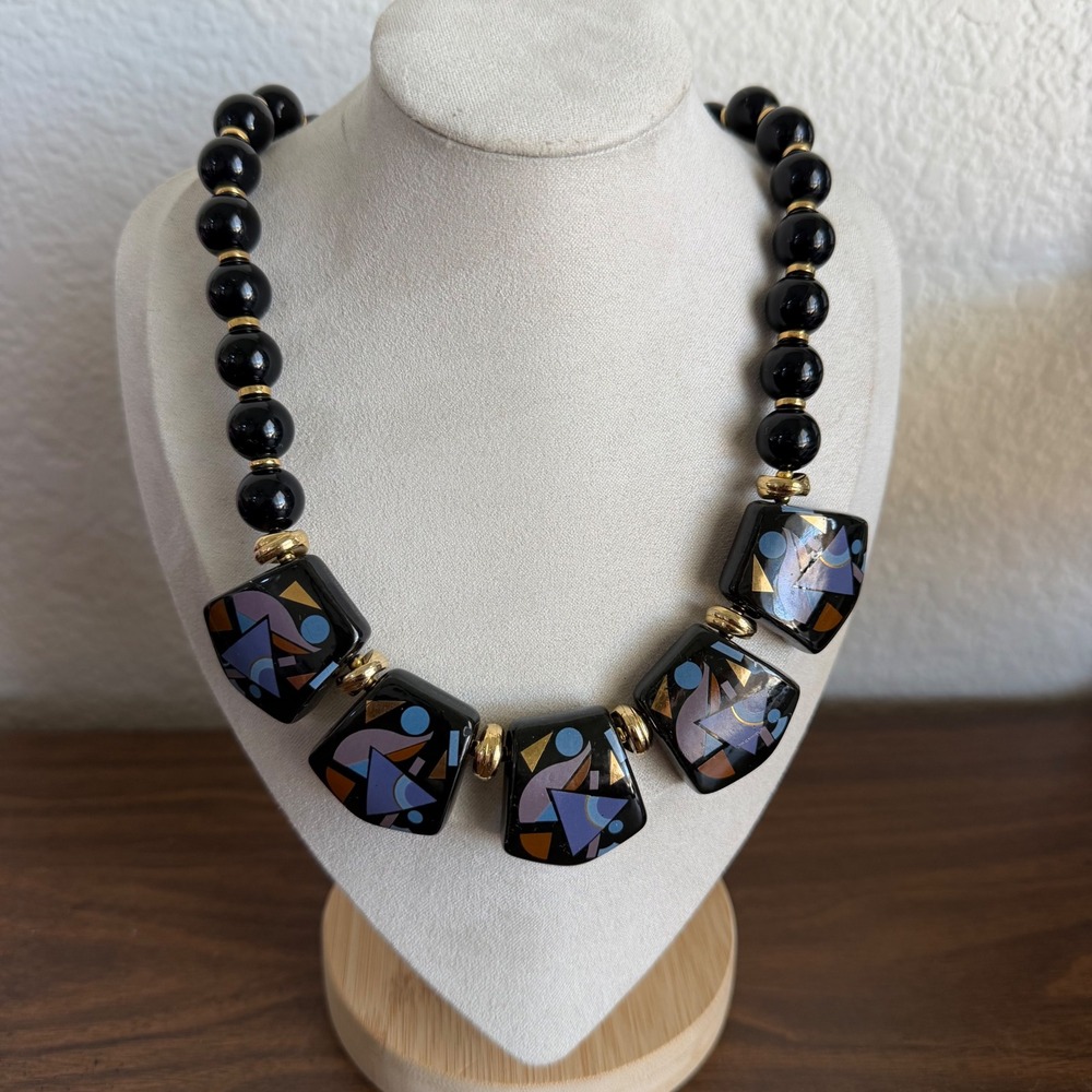 Vintage‎ Japan Geometric Abstract Bead Lucite Necklace 80s Memphis Style Chunky